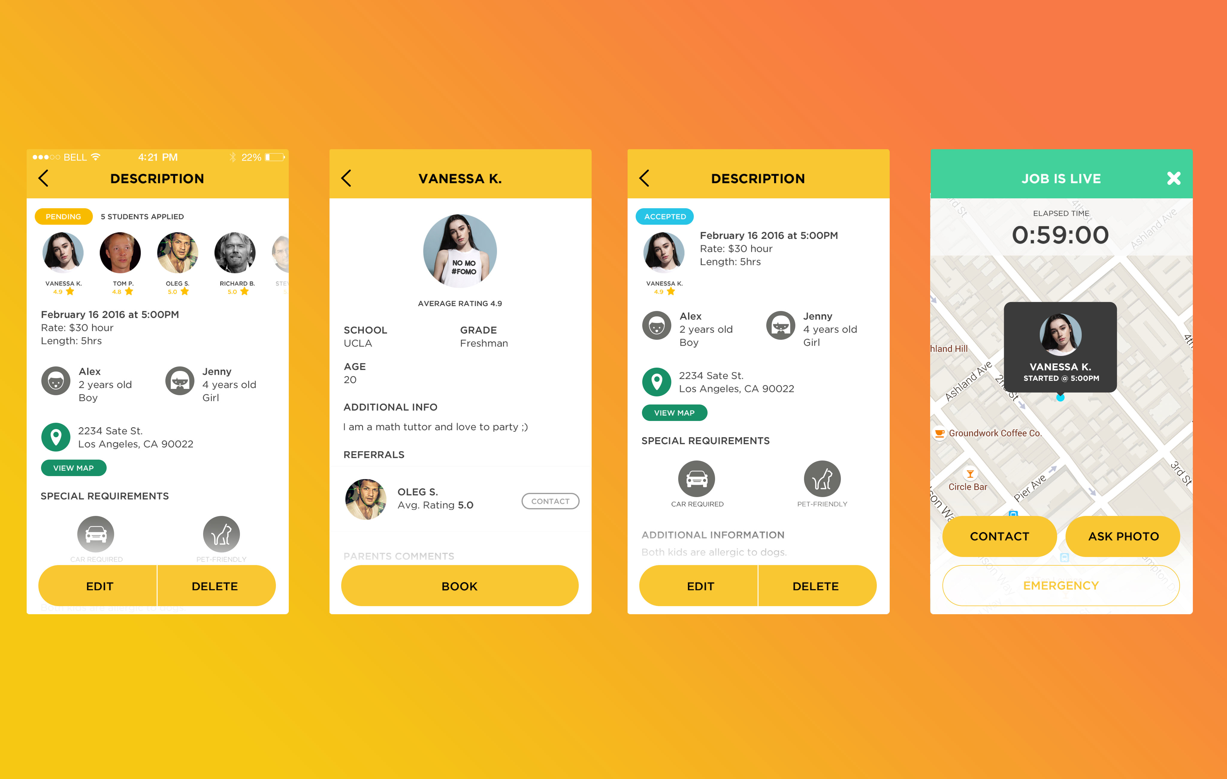 Usit parent and sitter mobile app screens